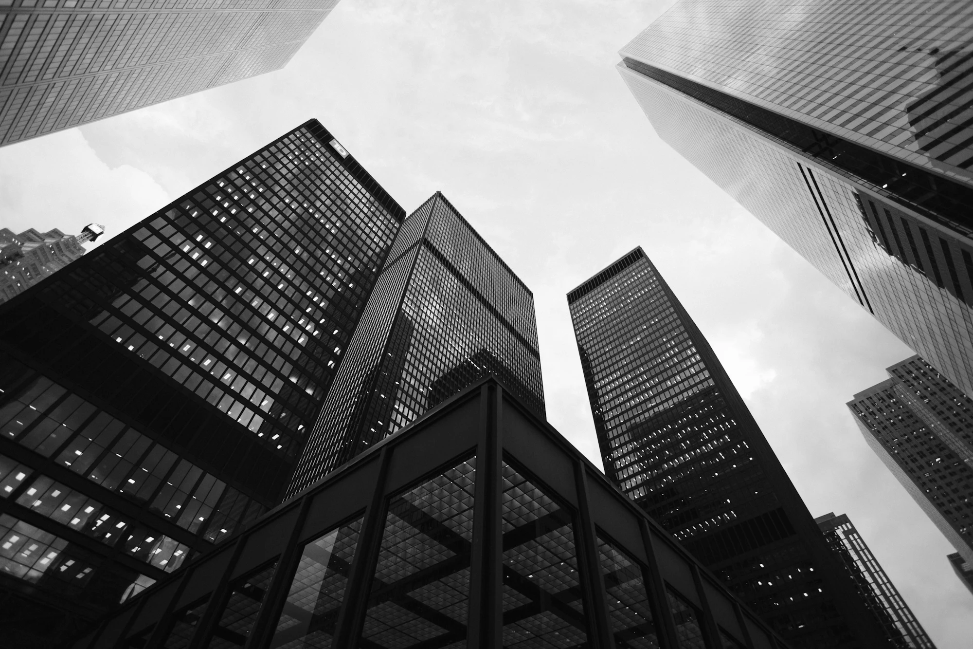 Looking up at office towers in Manhattan, New York